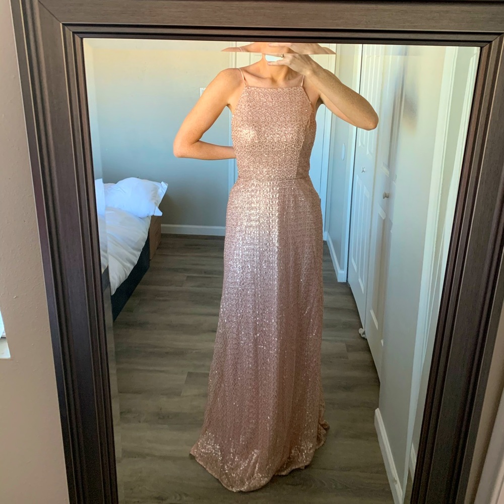High neck rose gold sequin dress